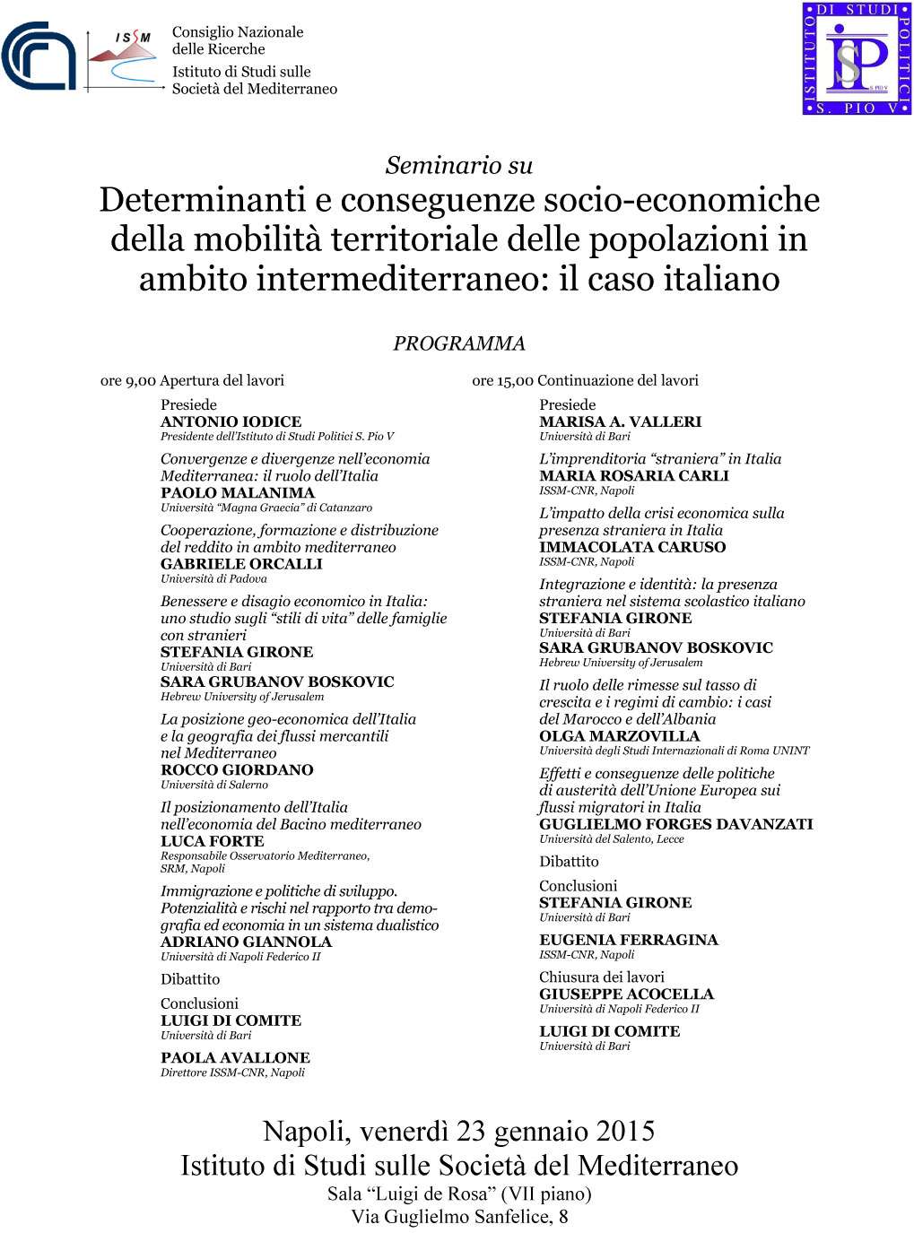 Seminario su determinanti e conseguenze socioeconomiche della mobilità territoriale delle popolazioni in ambito intermediterraneo